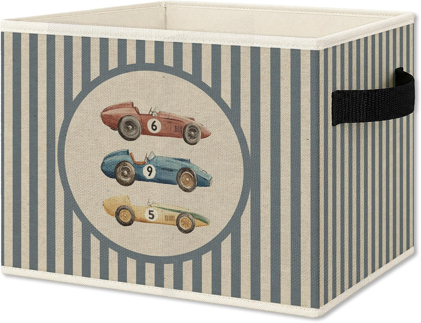 Vintage Race Car Boy Foldable Storage Bins Box with Handles, Kids Room Decor for Boys, Striped Car Vehicle Collapsible Organizer Basket for Kids Nursery Room Bedroom Playroom Toys Books