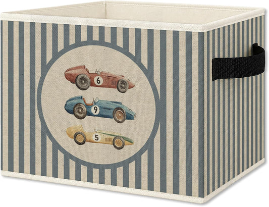 Vintage Race Car Boy Foldable Storage Bins Box with Handles, Kids Room Decor for Boys, Striped Car Vehicle Collapsible Organizer Basket for Kids Nursery Room Bedroom Playroom Toys Books