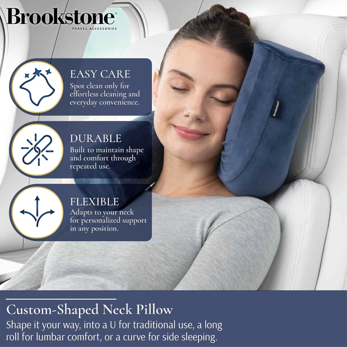 Brookstone Free Form Travel Pillow - Lightweight Flexible Memory Foam Travel Neck Pillow for Sleeping, Car, Airplane & Travel Support, Blue