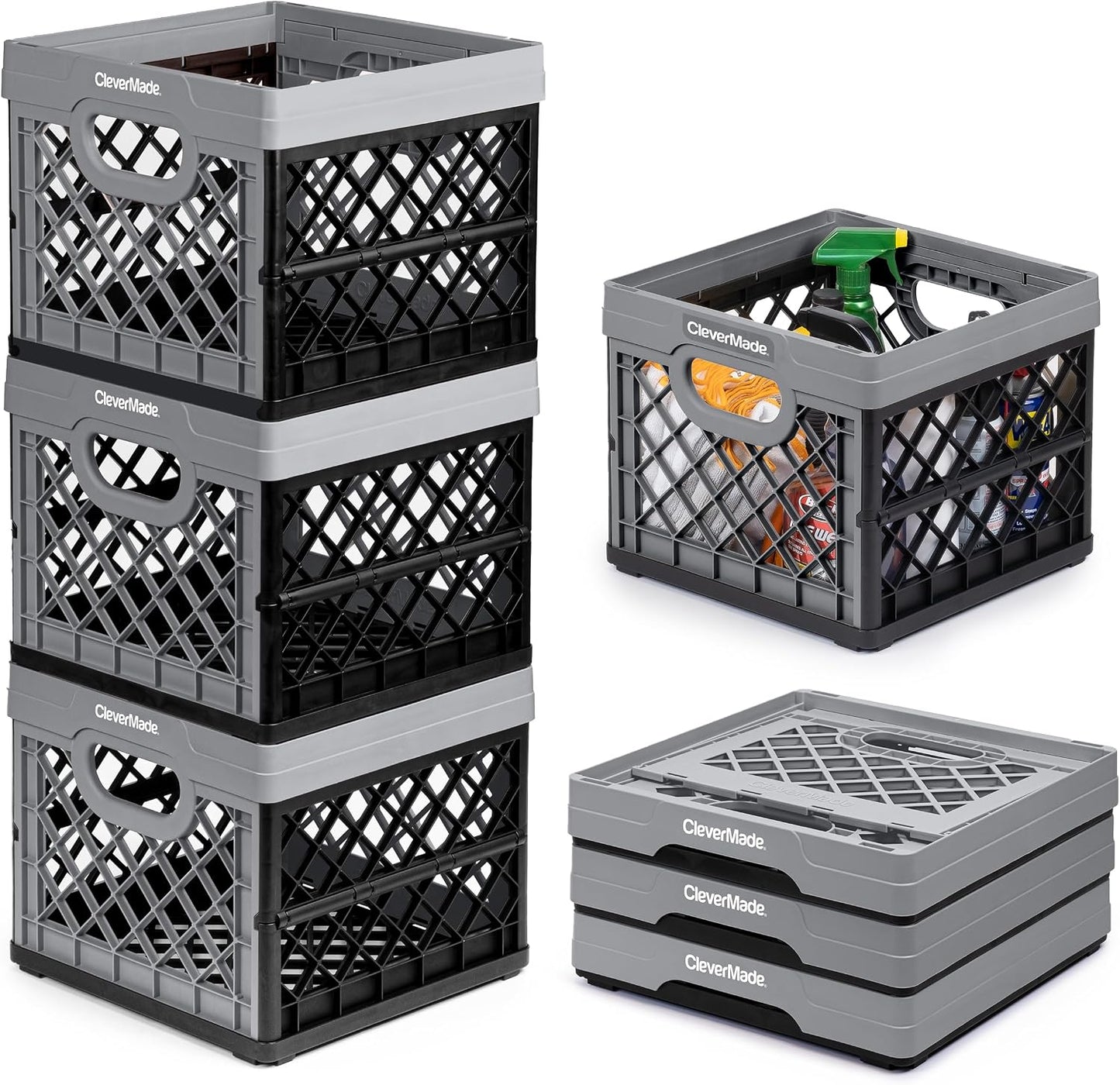 CleverMade Heavy Duty Collapsible Milk Crate, 25L, 3 Pack, 50 lb, Stone | Stackable plastic storage crate with file rails for hanging folders and organizes garages, classrooms, offices and car trunks