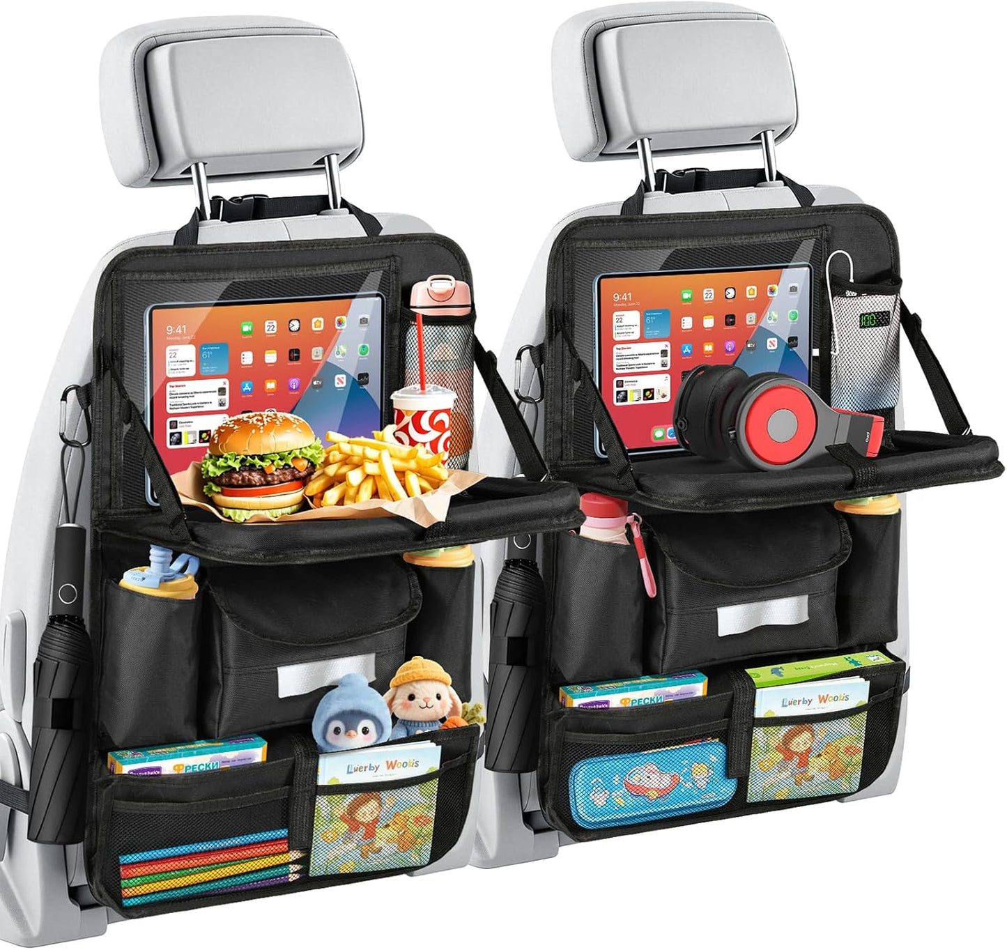 MoKo Car Organizer Back Seat, Backseat Car Organizer with Foldable Table Tray, 8 Pockets, Back Seat Organizer with Transparent Tablet Pocket for Road Trip, 600D Oxford Cloth, 2 Pack, Black