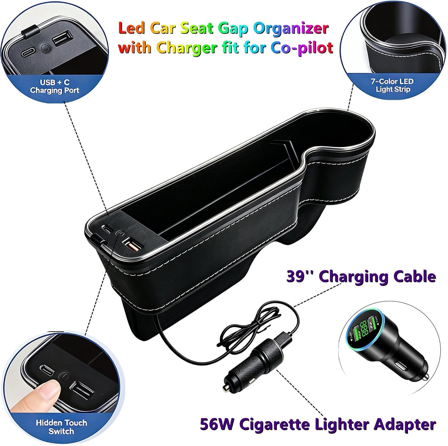 7 Color Led Car Seat Gap Filler Organizer Car Seat Pocket Gap Filler with USB+C Fast Charger,Car Gap Organizer Storage 2023 Console Side Seat Gap Filler fit for Passenger Side(Black-passenger side)