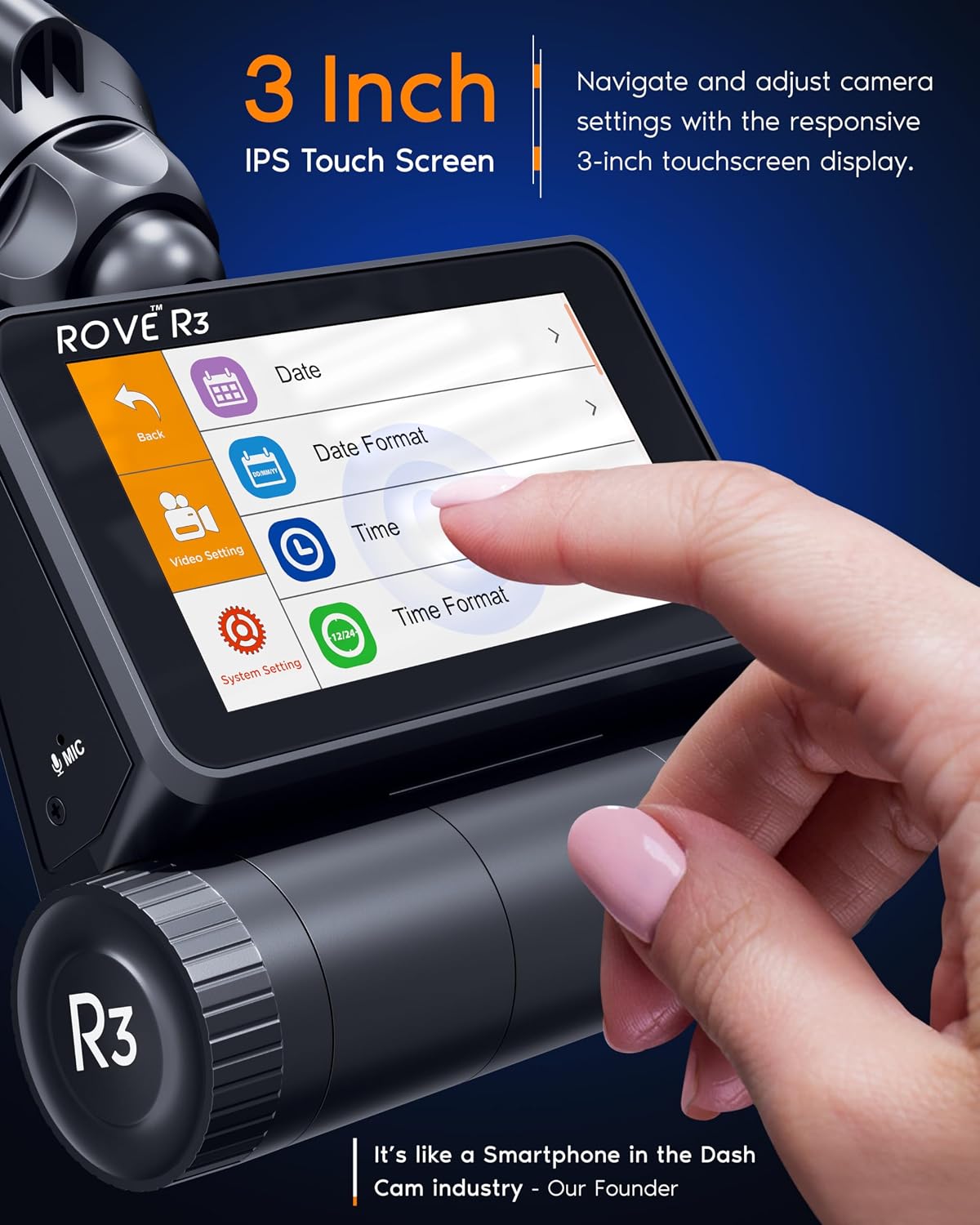 ROVE R3 3 Channel Dash Cam Front and Rear with Cabin, 3in IPS Touch Screen