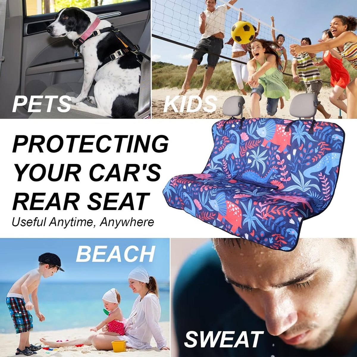 Sweat Towel Car Seat Cover Protector Front Seats for Gym Workout, Running, Swimming, Beach and Hiking, Waterproof Universal Seat Cover for Car, Trucks, Van & SUV (1, Dinosaur, Rear Seat)