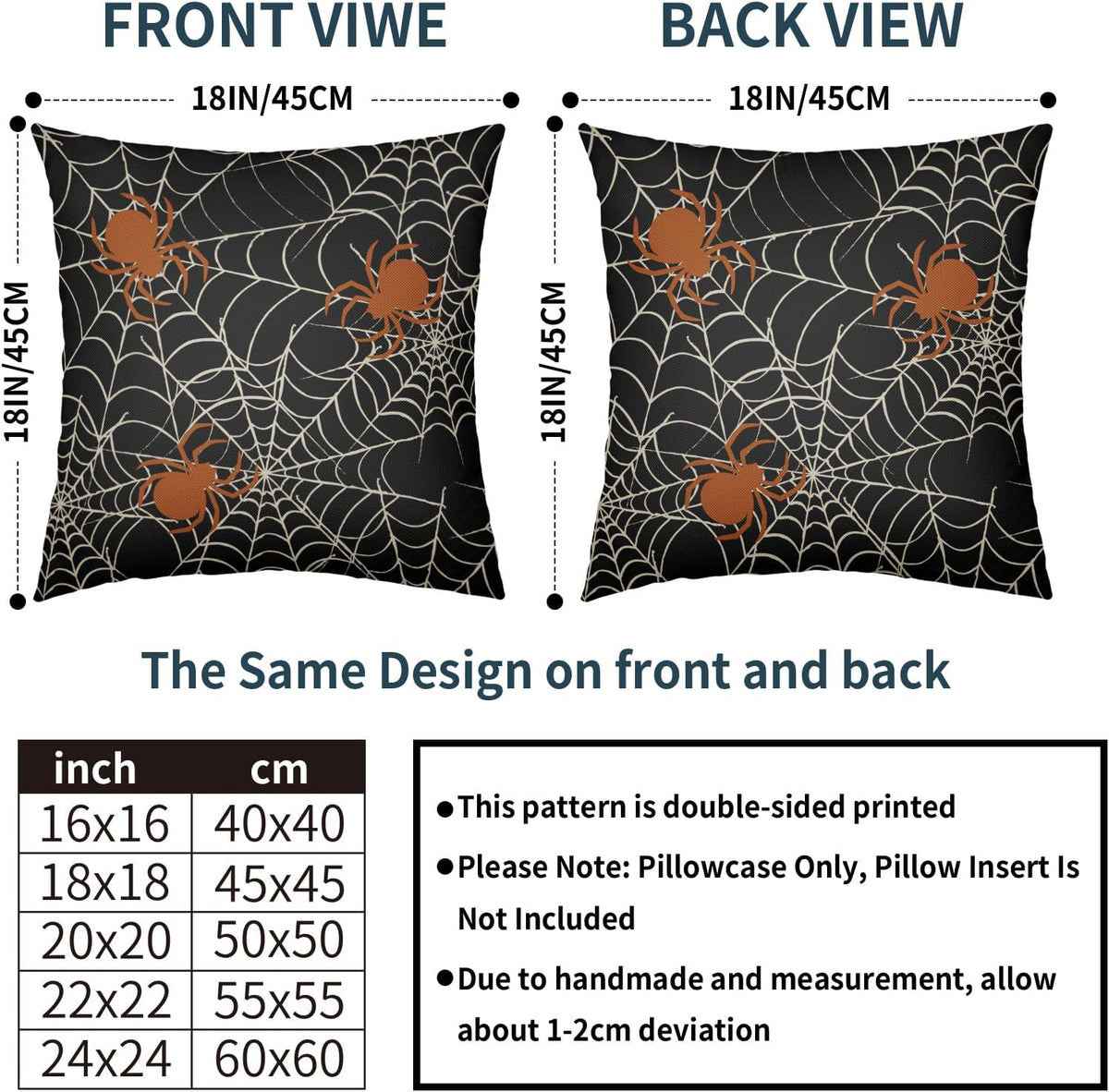 Halloween SpiderWeb Pillow Covers 18x18 Set of 2 Black White Spider Web Orange Spider Outdoor Decorative Throw Pillows Scary Farmhouse Pillowcases Linen Cushion Case Decor for Home Sofa Couch Bed