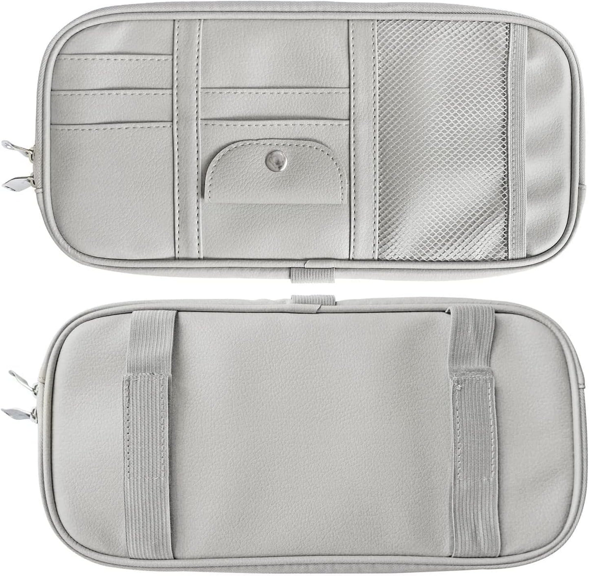 Car Sun Visor Organier Truck SUV Sun Visor Storage Pocket Pouch Holder, Multi-Pocket PU Leather with Zipper Net, for Cards Pens Sunglasses Document (Gray)