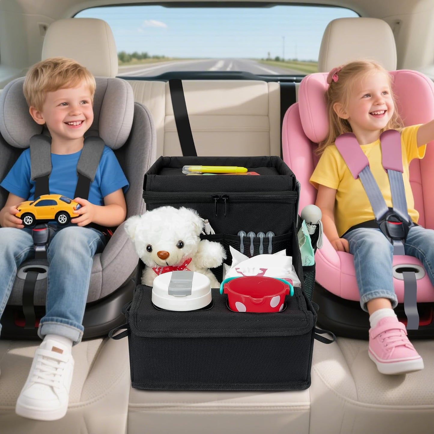 Car Hop Front Seat Organizer with Cup Holder, Movable Divider & Side Pockets, Passenger Seat Storage Caddy for Road Trip, Travel, Work or Kids, Fits Cars Trucks SUVs
