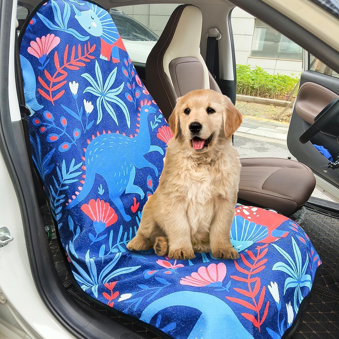 Waterproof Sweating Car Seat Cover for Post Gym Workout, Running, Swimming, Beach and Hiking, Universal Fit Non-Slip Bucket Seat Protector for Cars SUV Trucks, Machine Washable (Dinosaur)