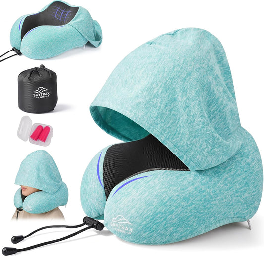 SkytraxComf® Travel Neck Pillow with Hood for Privacy on Long Flights | Memory Foam | Airplane Sleep | Safety-Tested Materials | Extra Large Hood | Chin Support | Earplugs | Washable Cover