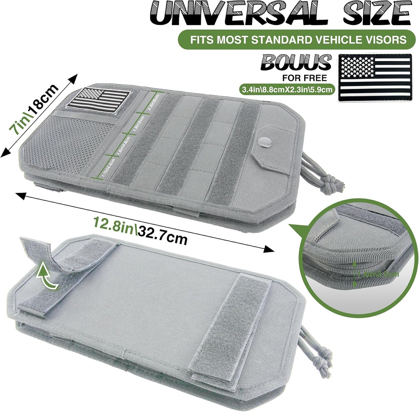 Car Sun Visor Organizer, Tactical Molle Panel Visor Storage Organizer with Sunglasses Holder for Police Gear & Overland Accessories, Universal Fit for Trucks, SUVs, Jeeps & Patrols, Grey