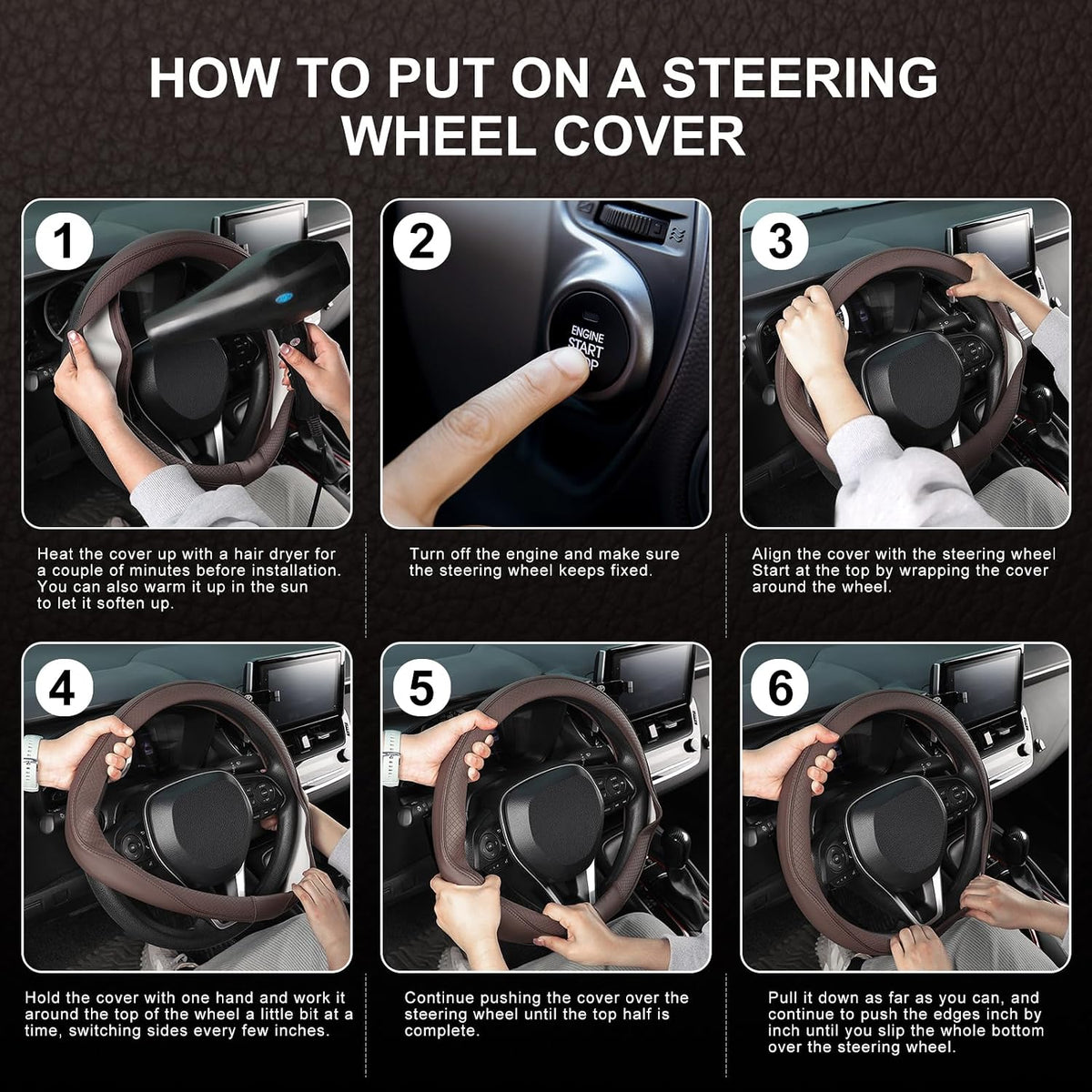 SEG Direct Steering Wheel Cover 14.5-15 inch Standard Size Chocolate Brown