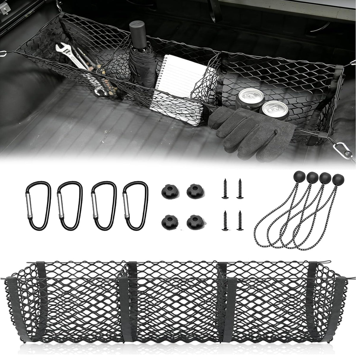 3 Pockets Truck Bed Cargo Net for Most Pickup Toyota Ford Dodge GMC Sierra Chevy Silverado Heavy-Duty Elastic Truck Organizer & Storage Grocery Holder Pickup Tailgate Netting -51.18"x 11.8"