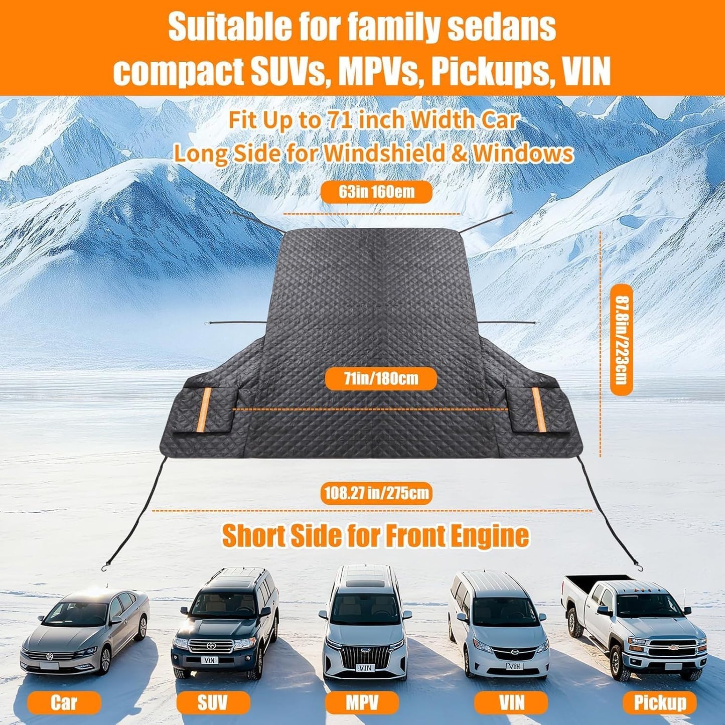 Windshield Cover for Ice and Snow, Heavy Duty 600D Oxford Fabric, Prevent Rainwater, Sunscreen, Snow Prevention, 6* Straps, 2*Rear View Mirror Sleeve, Extra Large Size for Car, SUV, Mpv and Sedans