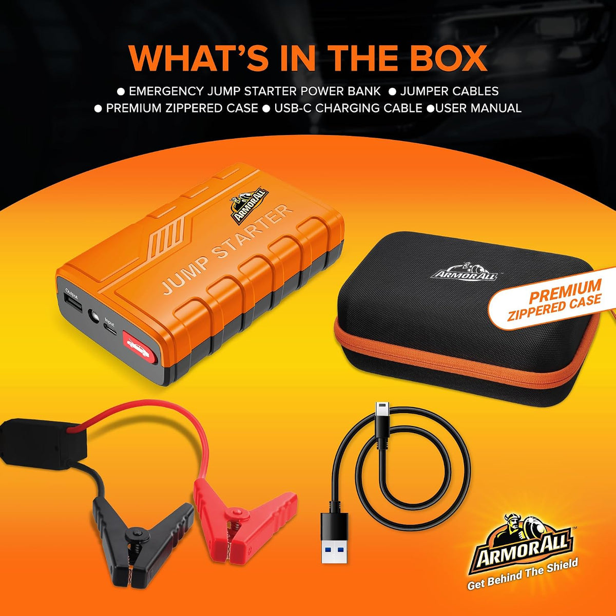 Armor All Car Jump Starter Emergency Power Bank Kit, 800 Amp Peak, 2.4 Amp Phone Charge USB Port, LED Light, Strobe, SOS, Overcharge & Discharge Protection, 7200mAh, For Cars Trucks Motorcycles & More