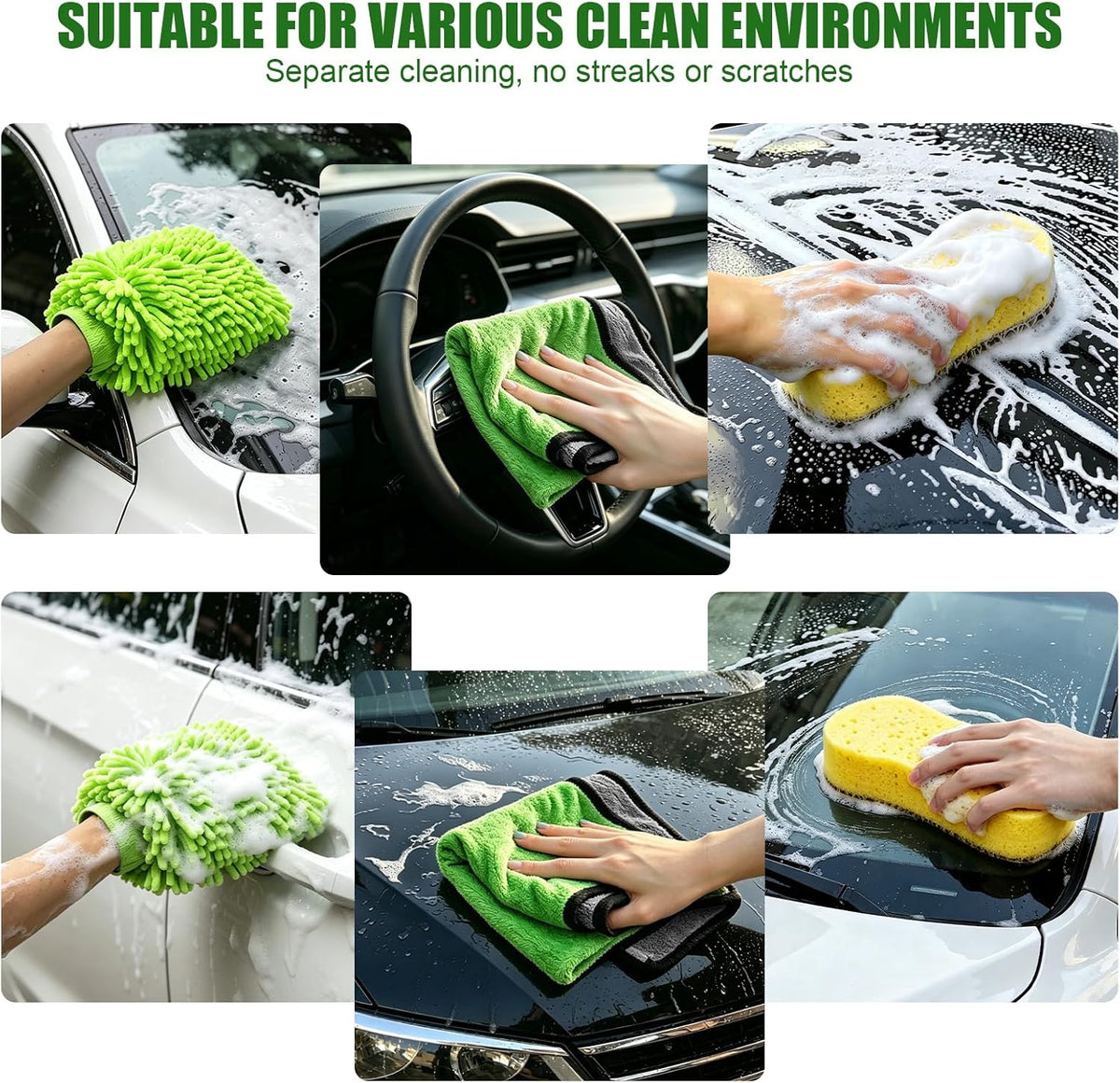 6PCS Microfiber Car Wash Mitt - Car Wash Gloves Kit with Microfiber Cleaning Cloth and Car Wash Sponge for Car Washing, Trucks, SUVs, Motorcycles Cleaning Detailing Polish