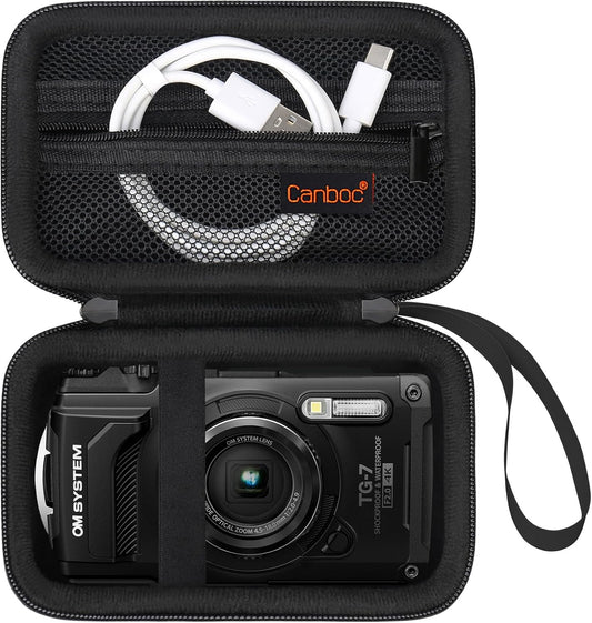 Canboc Carrying Case for OM SYSTEM Tough TG-7/ OM SYSTEM OLYMPUS TG-6 Underwater camera, Waterproof Camera Bag, Zipper Mesh Pocket fits USB Cable, Batteries, Black(Case Only)