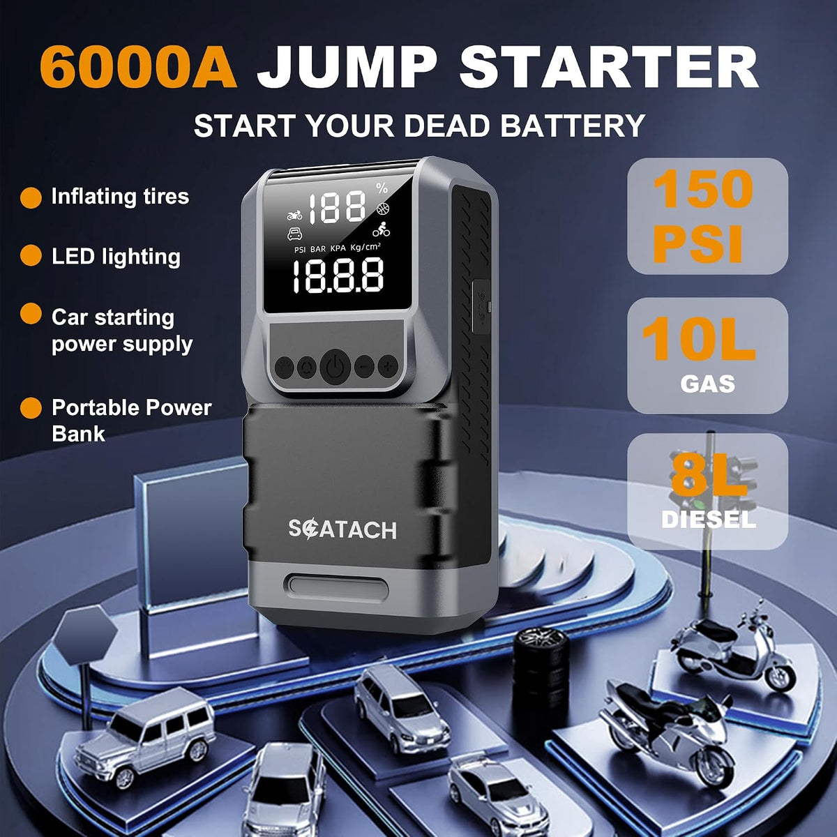 Jump Starter with Air Compressor, 6000A 150PSI Tire Inflator