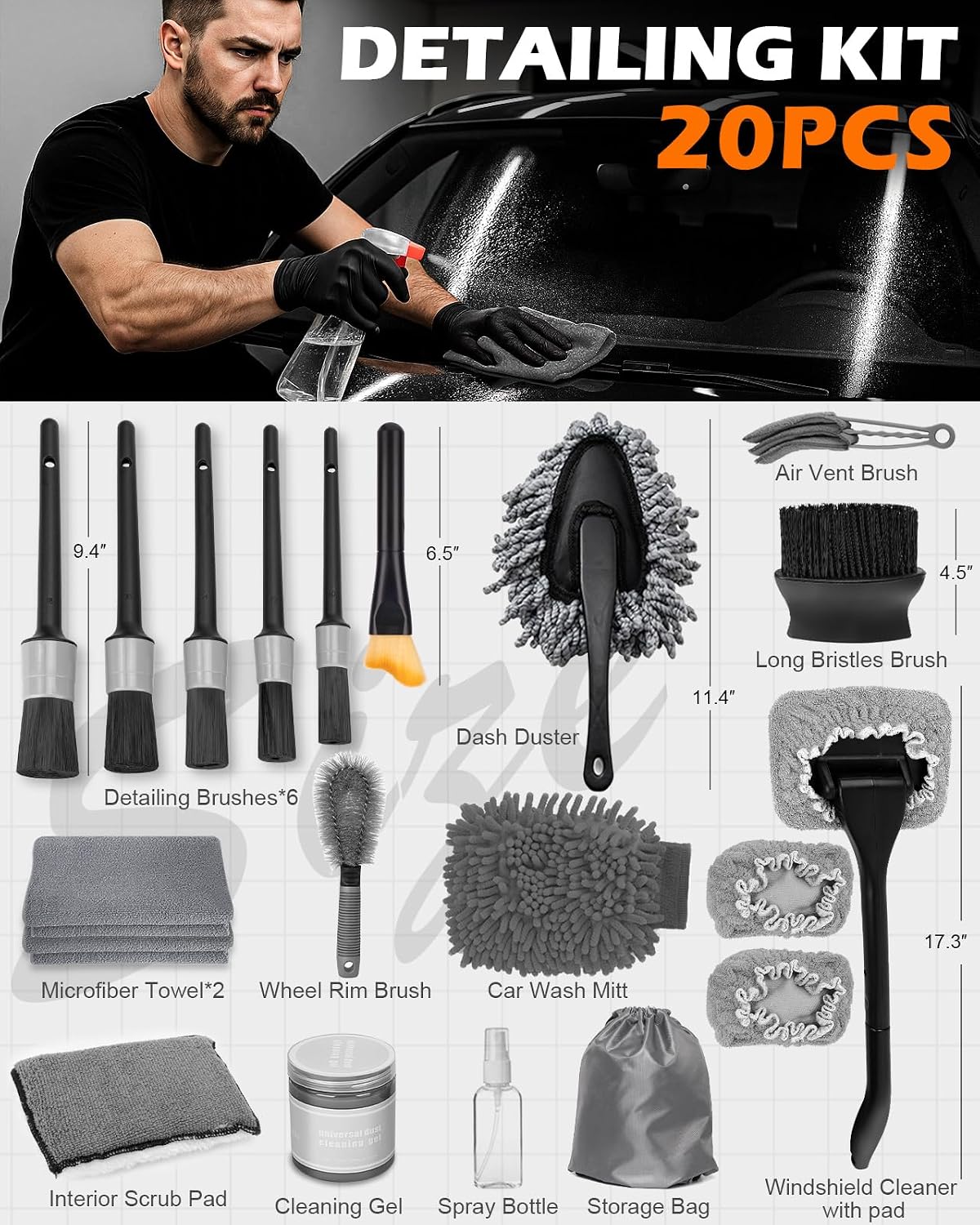20Pcs Windshield Cleaner Tool - Car Interior Detailing Brush Kit with 200g Cleaning Gel, Microfiber Car Wash Mitt, Dash Duster & 2-Sided Scrubber, All-in-One Inside Car Cleaning Supplies Tool