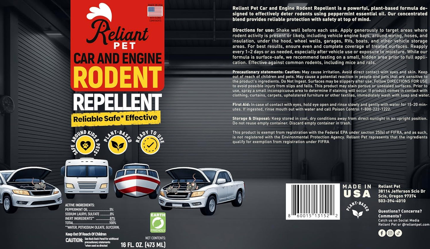 Rodent Repellent for Car Engines – Peppermint Oil Spray, 16 oz – Mouse & Rat Deterrent for Vehicle Engines, RVs, Trucks, Boats & ATVs – Plant-Based, Extra-Strength Formula