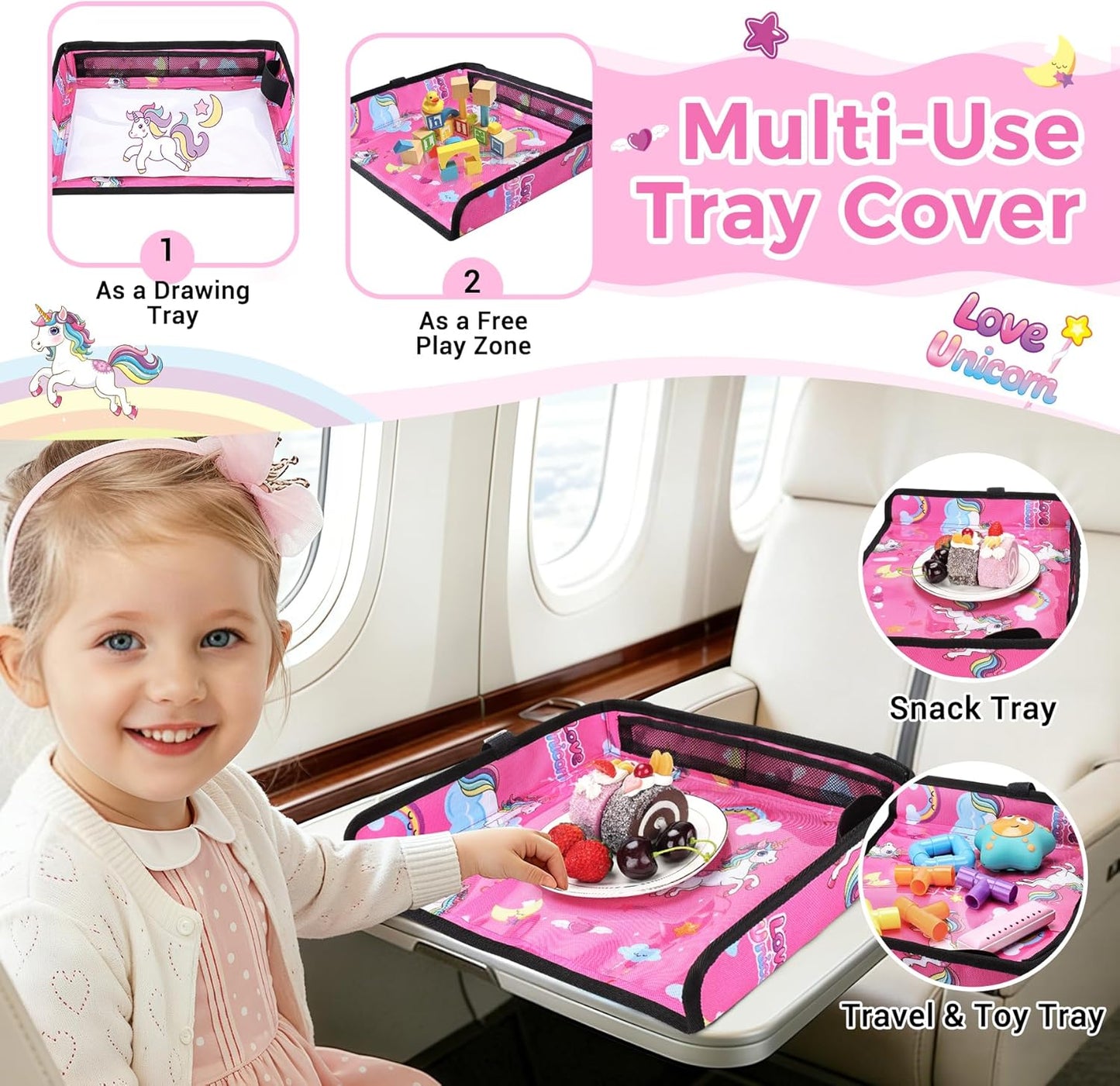 COOLBEBE Airplane Tray Table Cover, Foldable Travel Tray Cover for Toddlers 1-3, Universal Fit for Airplane, Car Seat, High Chair, Machine Washable, Portable, Pink Unicorn