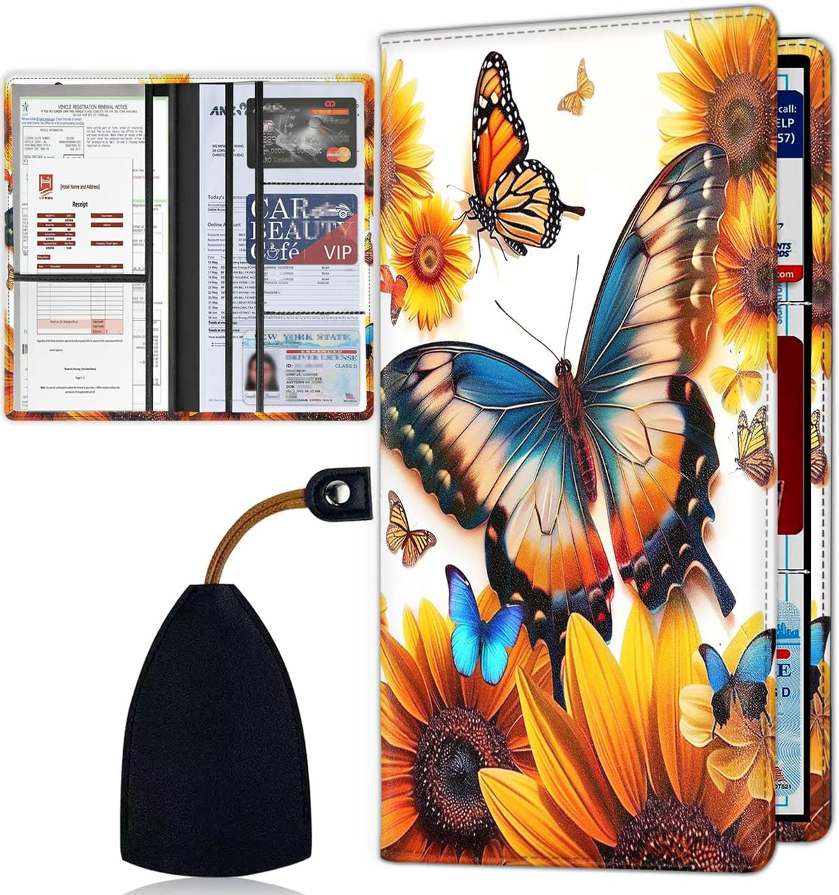 Car Registration Holder, Waterproof PU Leather Vehicle Card Document Glove Box Organizer, Women Interior Auto Accessories Case for Cards, Driver License Car Insurance Holder, Butterflies + Sunflowers