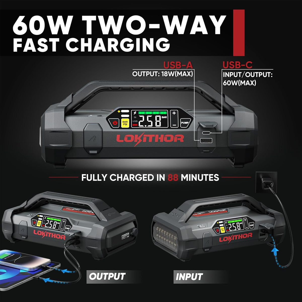 LOKITHOR JA401 Jump Starter with Air Compressor(10.0L Gas & 8.0L Diesel)