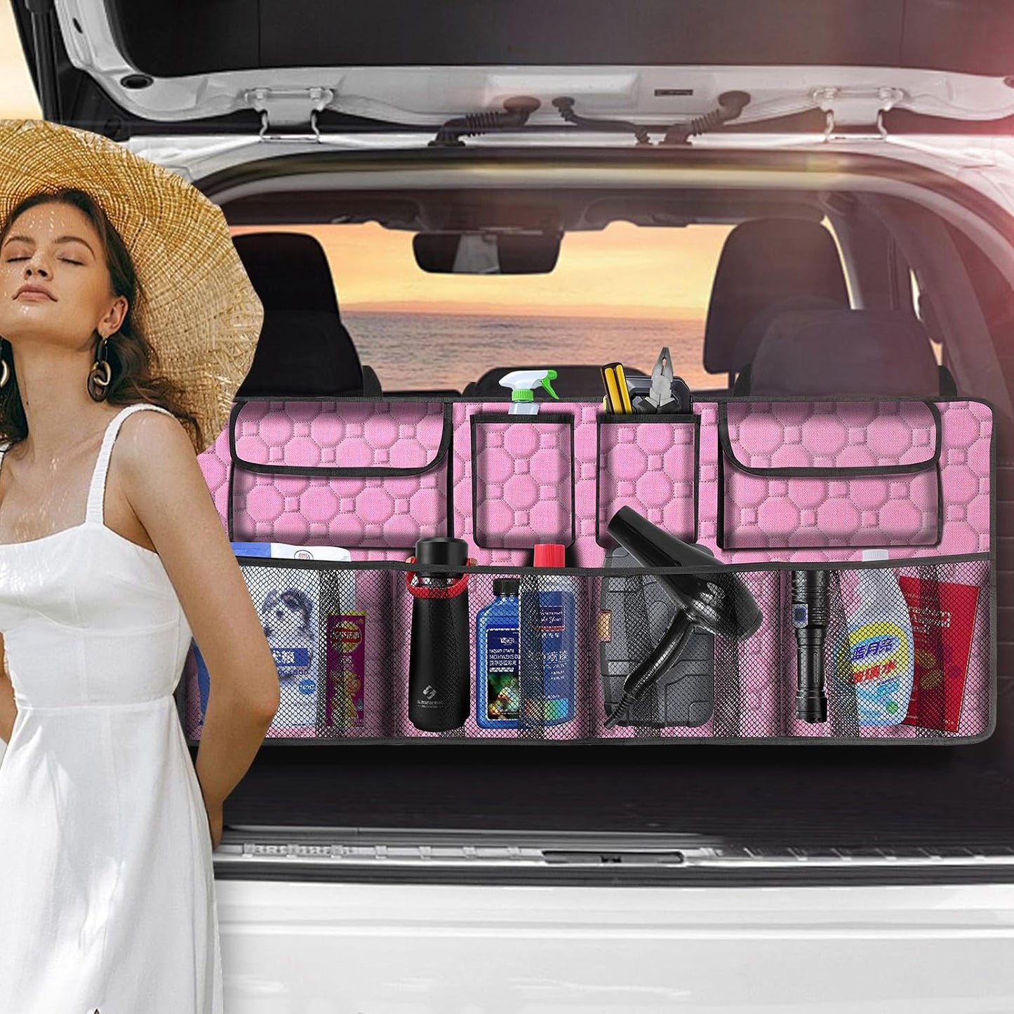 Car Trunk Organizer, Super Capacity Backseat Car Organizer for SUV/Truck/MPV(42"*18"), Hanging Car Storage Organizer with 8 Pocekts, Car Accessories for Women and Men- Pink