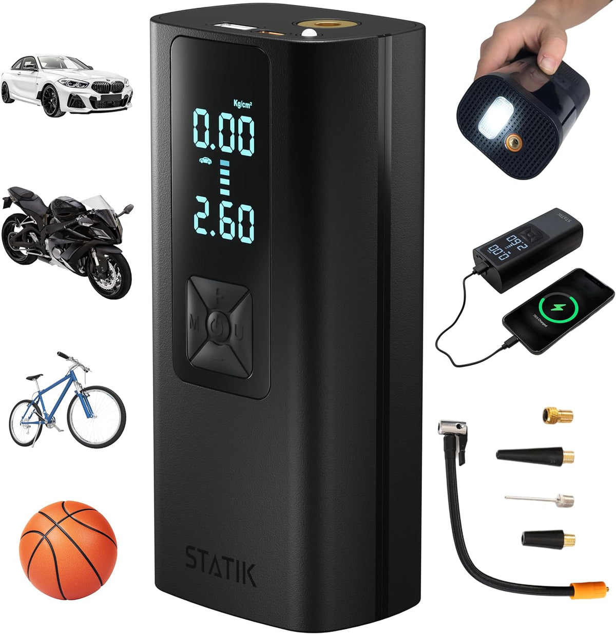 STATIK TireHero Car Tire Inflator Portable Air Compressor - 150 PSI, Electric Air Pump for Balls, Bike Pump, Inflatables, Paddleboard, Air Mattress, Car Emergency Safety Kit w/Flashlight