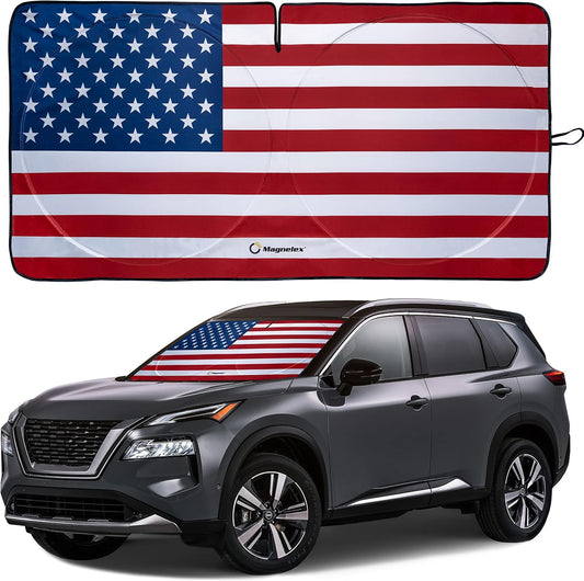 American Flag Windshield Sun Shade, High-Resolution Car Shield with Mirror Cut-Out for Automotive Interior Protection Heat Reduction, Folding Sunshade Storage Bag - Medium, Original