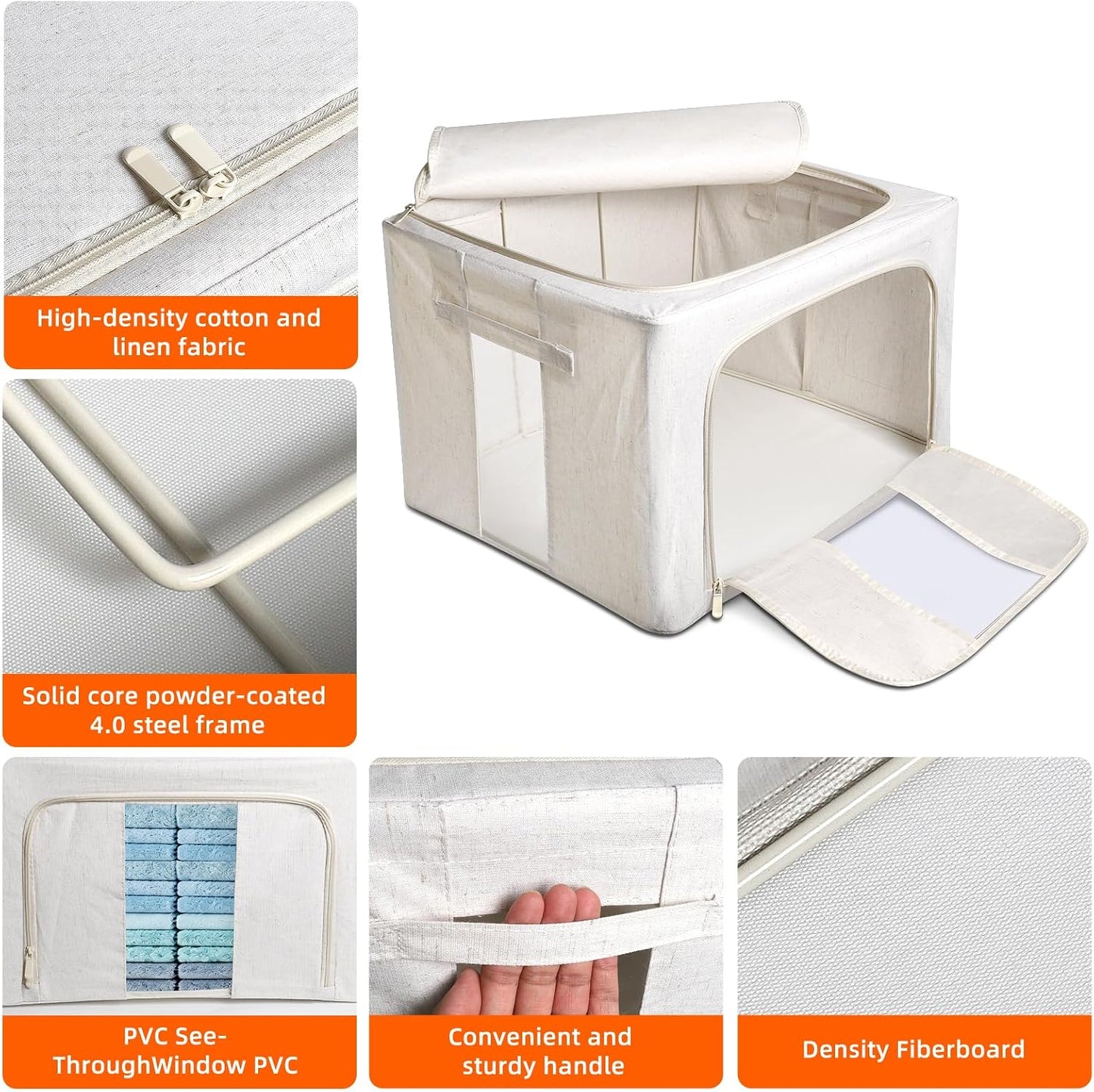 Foldable Clothes Storage Bins with Solid core powder-coated steel fram, 24/ 66L Storage Bags Fabric Box Organizer with Clear Window Zippers Sturdy Handles 2 Pack (Beige, 66L 1Pack)