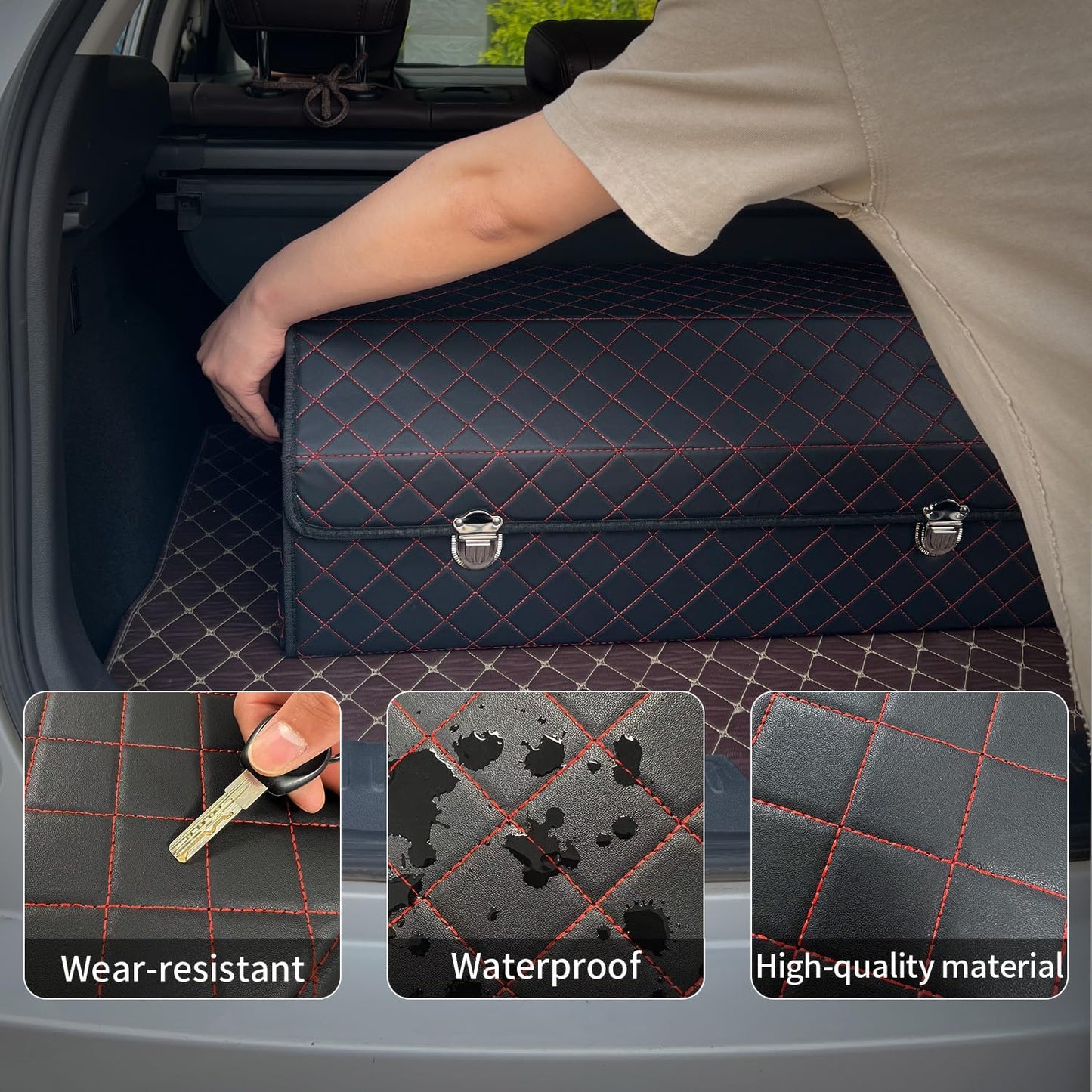 Car Trunk Organizer with Lid,Foldable Faux Leather Cargo Storage Box,3 Compartments,Collapsible Multi-Functional for SUV,Sedan,Vehicle Trunk