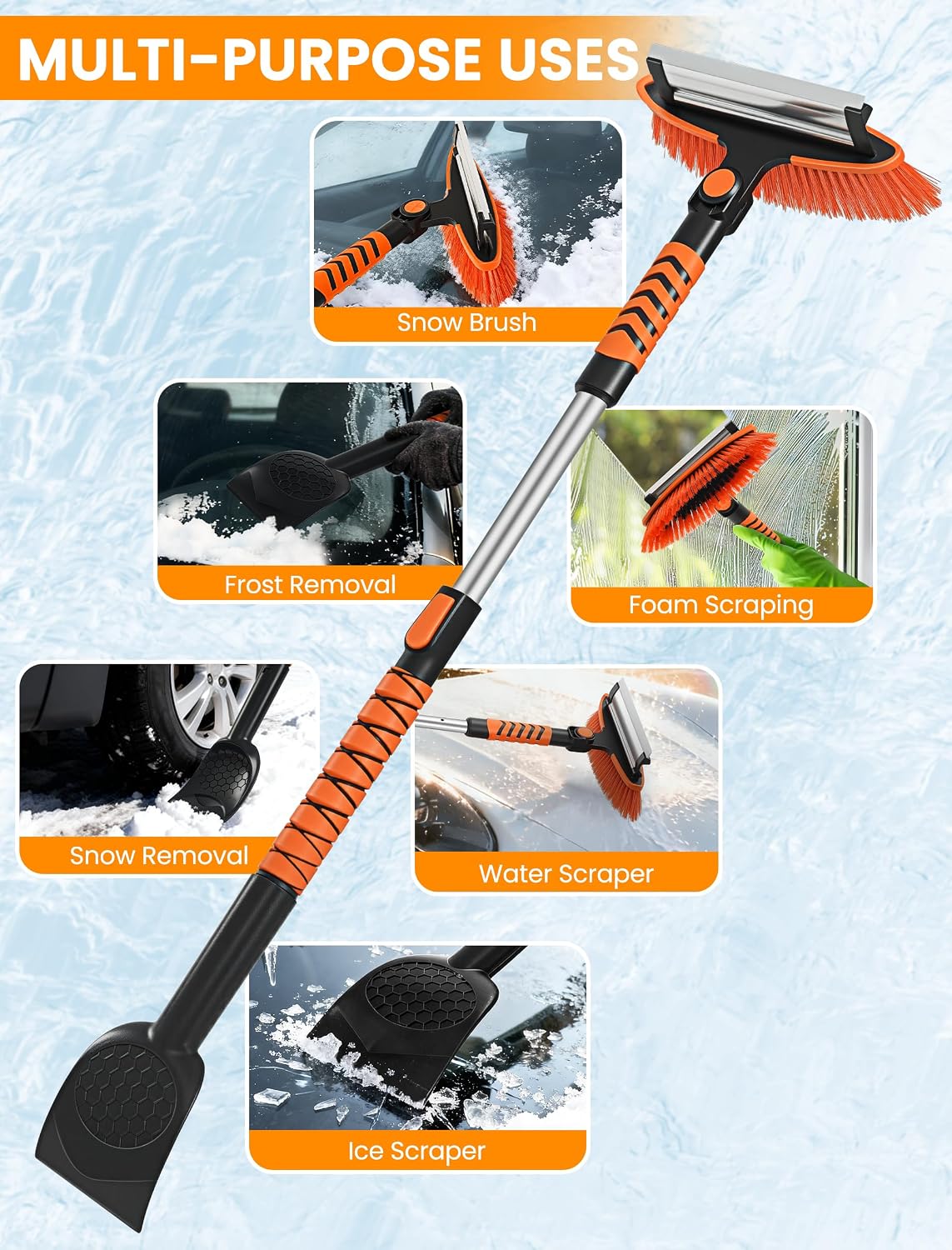 Ordenado 43" Snow Brush and Ice Scraper - Extendable Snow Scrapers and Cleaner for Car Windshield, 180° Pivoting Window Snowbrush with Foam Grip, Long Winter Broom Brushes for SUV, Truck, Auto Vehicle