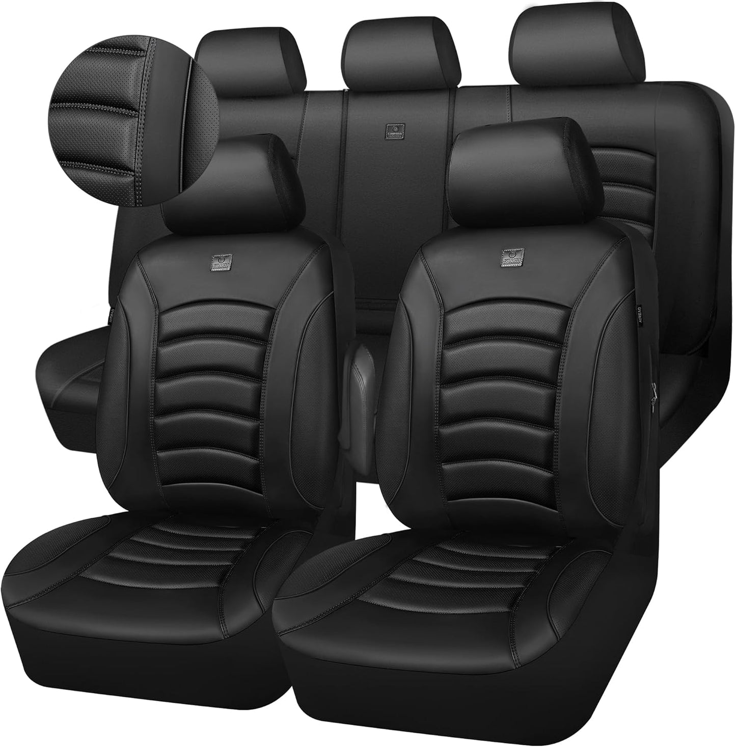 CAR PASS 3D Foam PU Leather Car Seat Covers, Universal Seat Covers Full Sets for Trucks SUV Sedan Automotive Seat Covers Armrest Airbag Compatible Waterproof Comfortable Faux Nappa Leather Pure Black