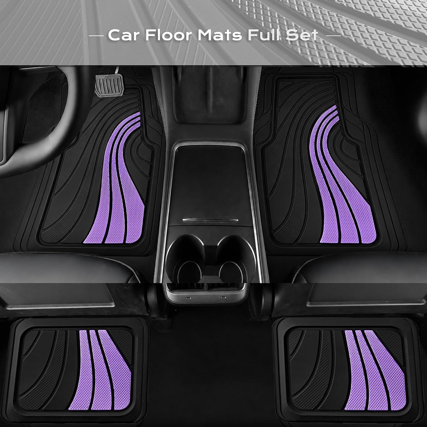 Road Comforts Car Floor Mats Full Set – Front & Rear Car Floor Mats with Aluminum Design, Anti-Slip Backing, All-Weather Protection, Trim-to-Fit Car Mats for Most Sedans, SUVs & Vans - Lighet Purple