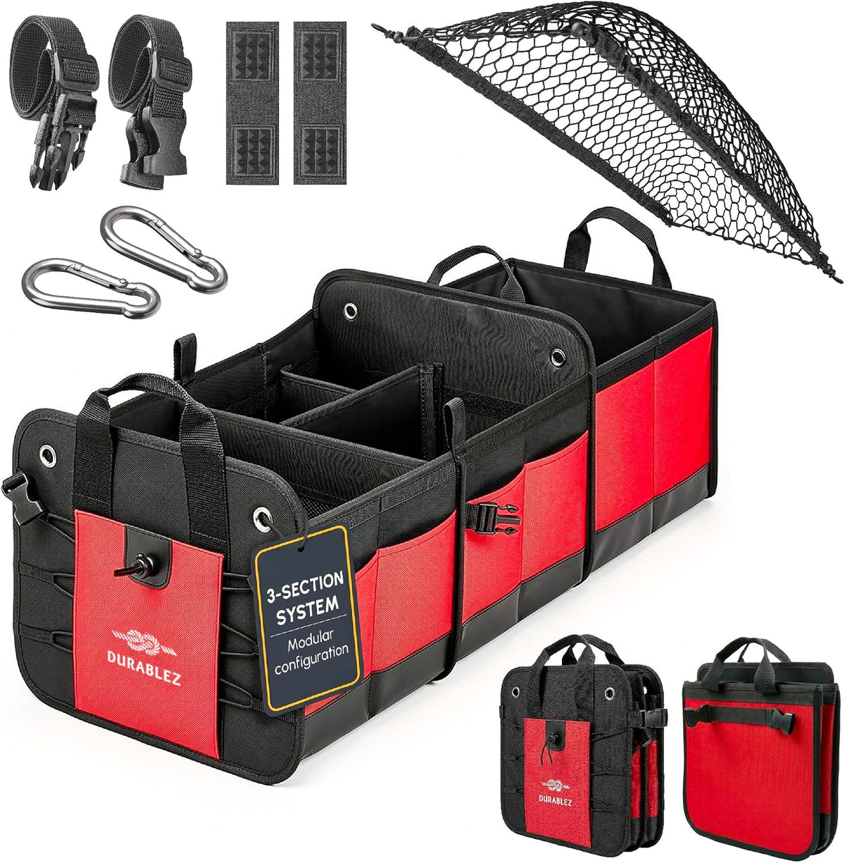 Large Car Trunk Organizer, Modular & Collapsible, 3 Compartment, Red