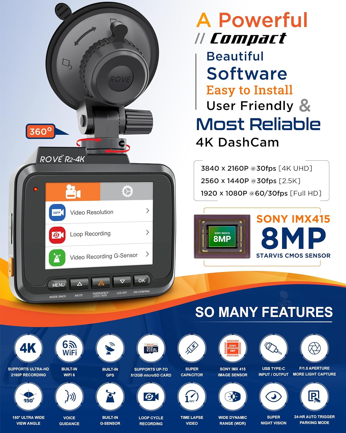 ROVE R2-4K Dash Cam, 4K UHD 2160P Car Camera, 8MP Sensor, WiFi 6 and GPS