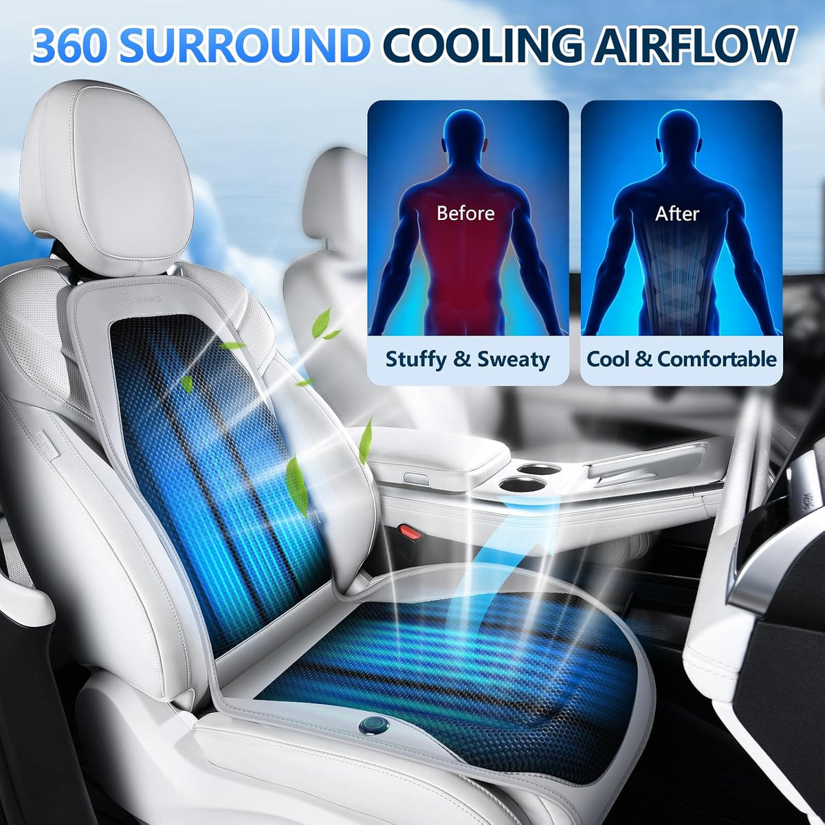 FLORICH Cooling Car Seat Cover Front Seat with Blowing&Suction, 12V-24V Ventilated Car Seat Cushion with 8 Turbo Fans, 3-Speed Adjustable Universal Fit Breathable Car Cushion for Summer Driving-Gray