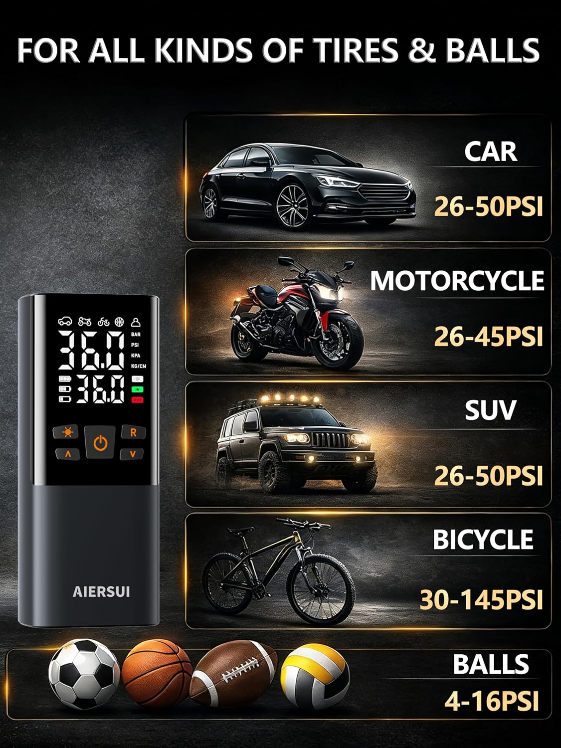 Tire Inflator Portable Air Compressor, Cordless 5-in-1 Smart Pump for Sedan/Motorcycle/Bike, 150PSI Auto-Stop, 6000mAh Power Bank, Lightweight with Digital Display, AS805
