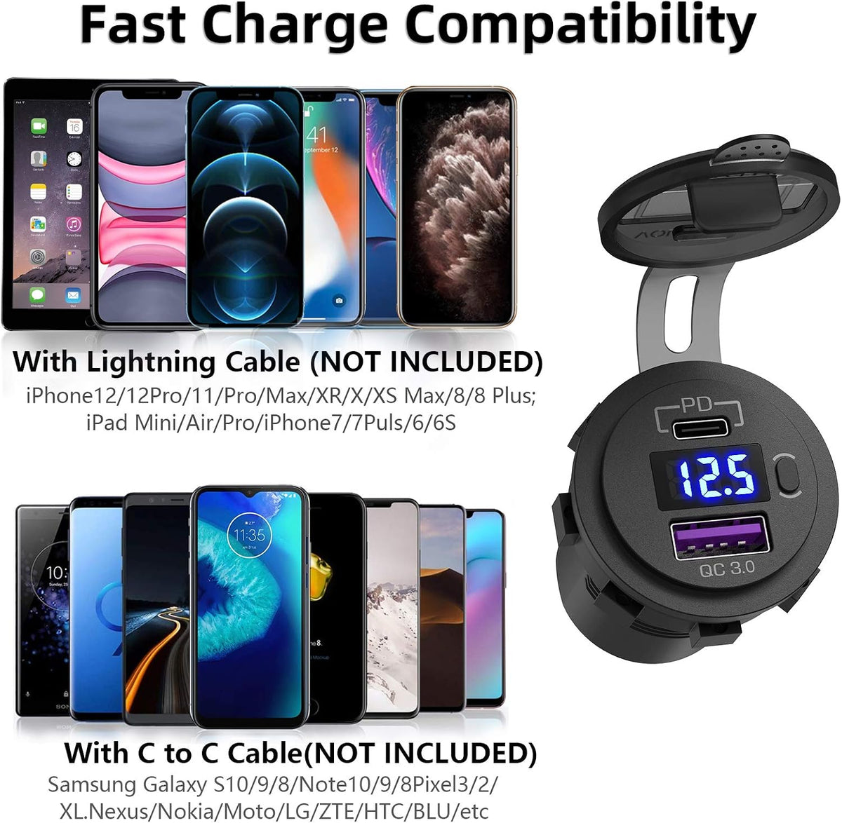 USB C Car Charger Socket, Qidoe 12V/24V Dual USB Outlet PD3.0 & QC3.0 Car USB Port with LED Voltmeter and ON/Off Switch DIY Car Socket for Car Boat Marine Bus Truck Golf RV Motorcycle