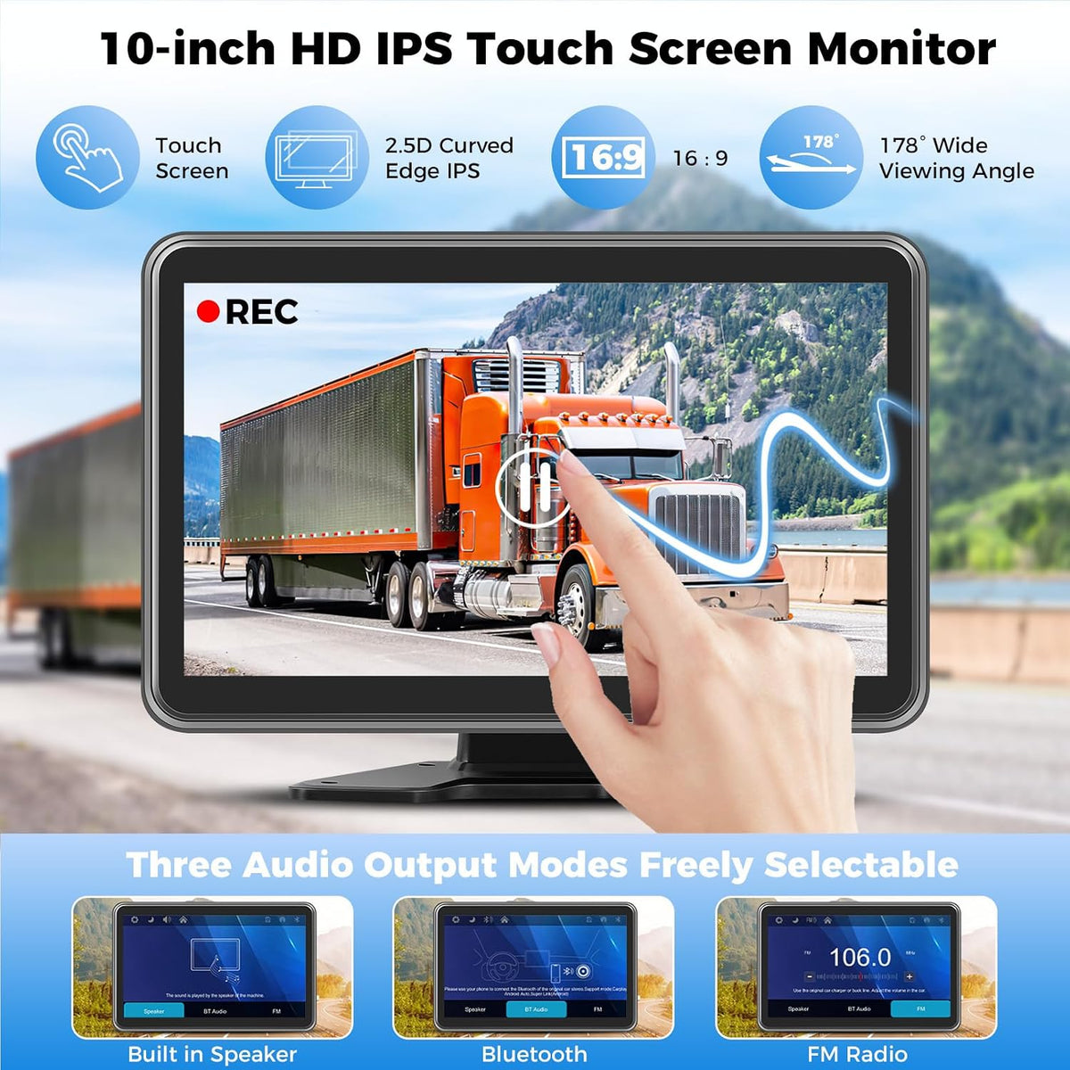 RV Truck Camera System with CarPlay & Android Auto,4 Channel HD1080P IP68 Wired Backup Camera for Semi Trucks, RVs, Trailers, 10'' Touch Screen with DVR Recording & 64GB Micro SD Card.