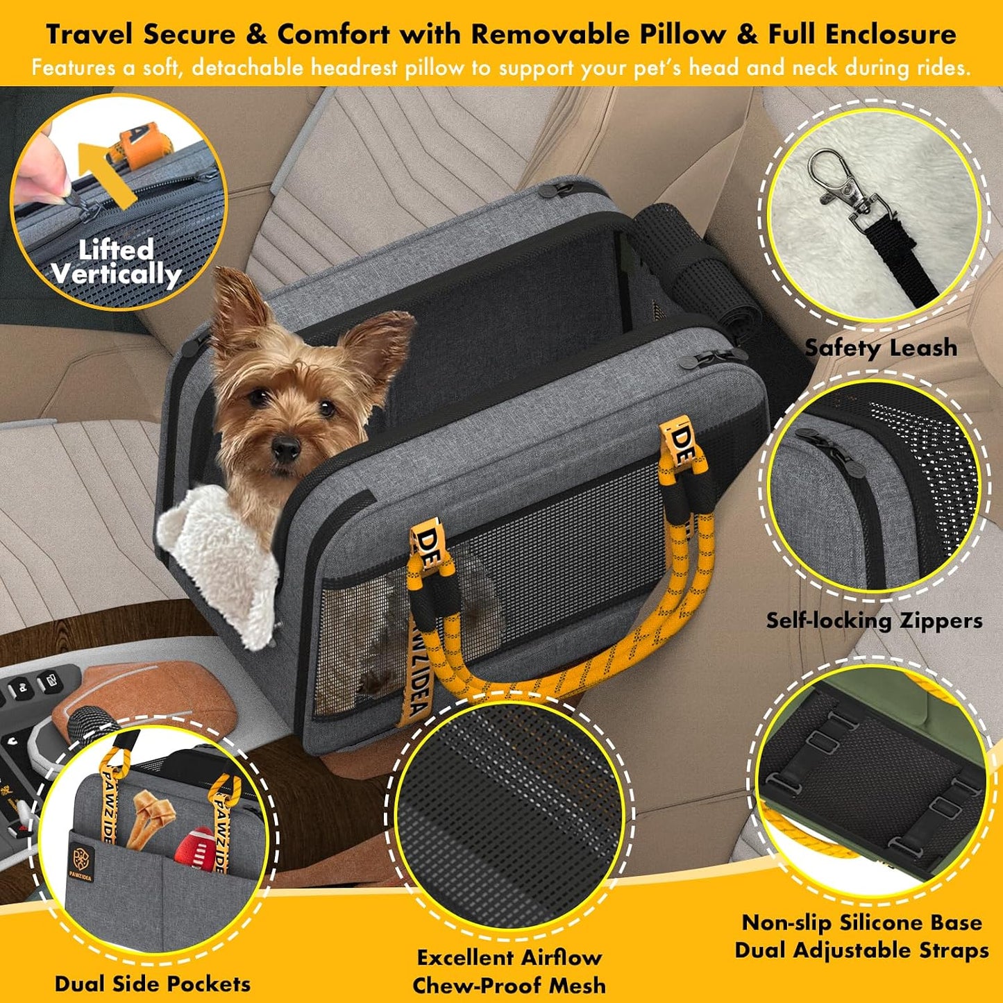 PAWZIDEA Center Console Dog Car Seat, Enclosed Small Dog Armrest Booster Carseat, Secure Straps &Anti Slip, Portable TSA Approved Puppy Pet Carrier Soft-Sided, Removable Pillow Storage Pocket, up 12lb