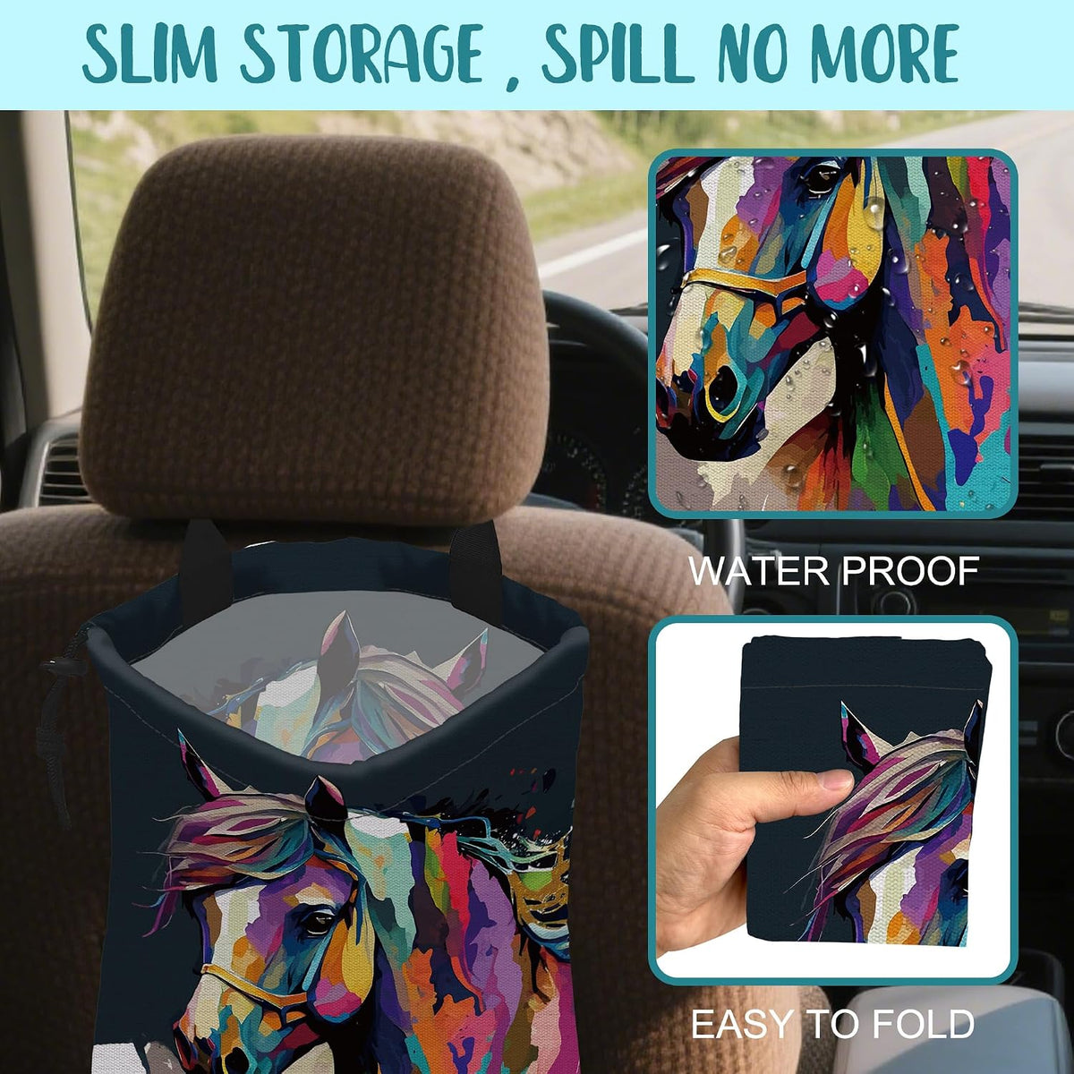 Car Garbage Bag Abstract Colorful Horse Drawstring Car Trash Bag Hanging for Back Seat with Adjustable Buckle Canvas Vehicle Trash Can Easy-to-Install