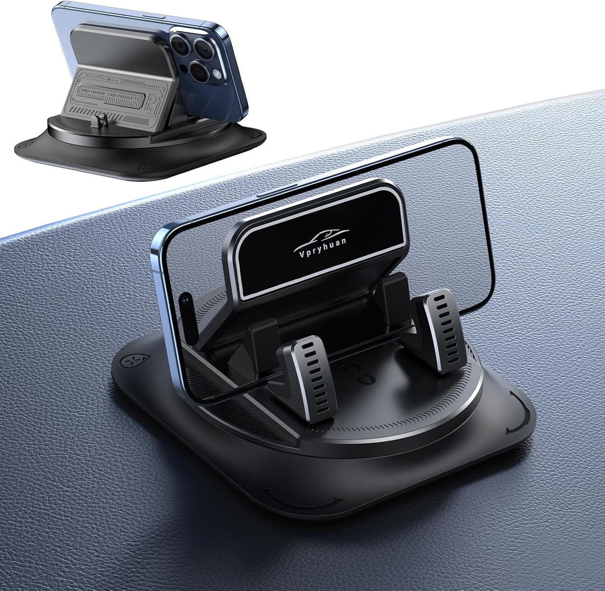 360 Degree Rotation Dashboard Phone Holder for Car, Anti-Slip Grips & One-Hand Operation Car Cell Phone Mount with Adjustable Spring Clip, Compatible with iPhone Samsung All Smartphones