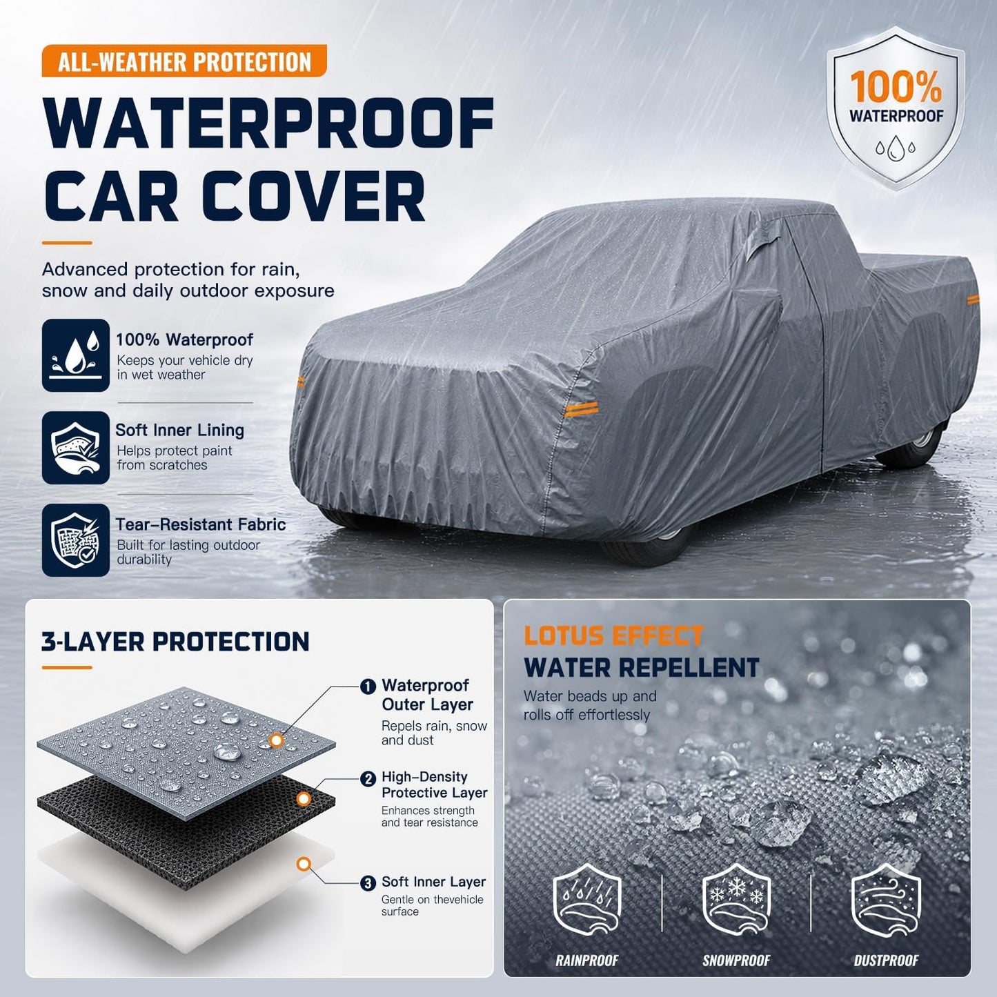Truck Cover Waterproof All-Weather,Outdoor Full Exterior Pickup Covers Custom Fit for Nissan Frontier,Ford F150,Chevy C10,GMC Canyon Sierra 1500,Colorado,Ram 1500 etc Size T1(See SizeChart)