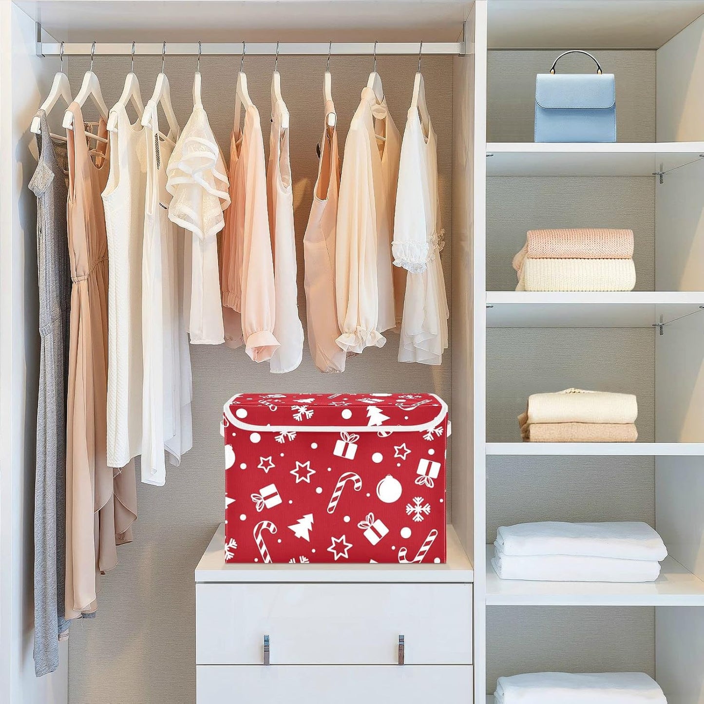 CaTaKu Large Fabric Storage Bins With Lids, Red Christmas Tree Storage Boxes With Handles for Organizing Clothes, Collapsible Storage Cube Bins Baskets for Shelves