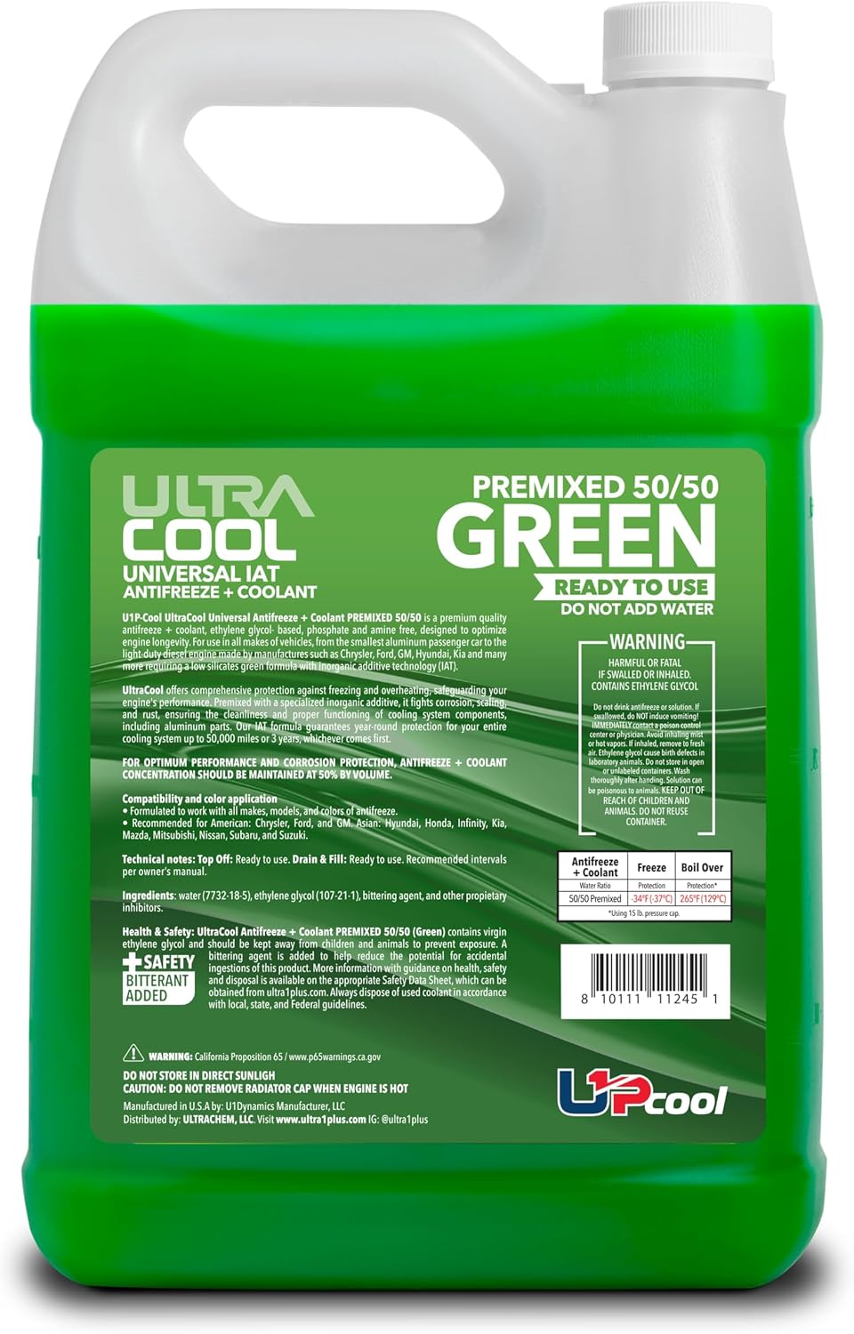 ULTRA 1PLUS UltraCool Universal Antifreeze + Coolant Green PREMIXED 50/50 (1 Gallon - 4 QTS)