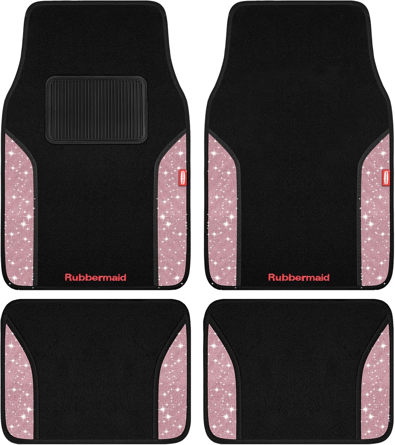 Rubbermaid Bling Car Mats, Carpeted Floor Car Mat with Faux Leather & Built-in Heel Pad, Two-Tone Car Rug Floor Mats, Stylish Carpeted Floor Mats for Cars, Trucks & SUVs Glitter Pink Color