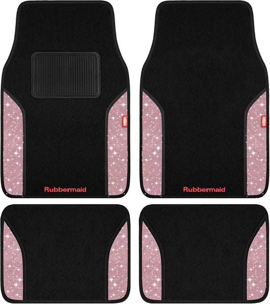 Rubbermaid Bling Car Mats, Carpeted Floor Car Mat with Faux Leather & Built-in Heel Pad, Two-Tone Car Rug Floor Mats, Stylish Carpeted Floor Mats for Cars, Trucks & SUVs Glitter Pink Color