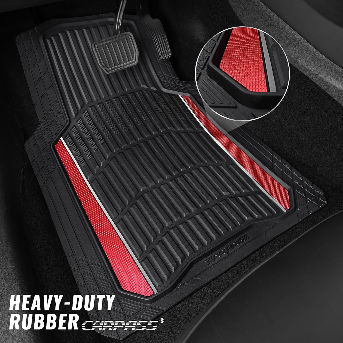 CAR PASS Heavy Duty Rubber Car Floor Mats, Deep Waterproof Car Floor Mats All Weather, Aluminum Film Floor Mats for Cars Non-Slip Universal Trim to Fit for SUVs Trucks Sedans Vans, Black Red Metallic