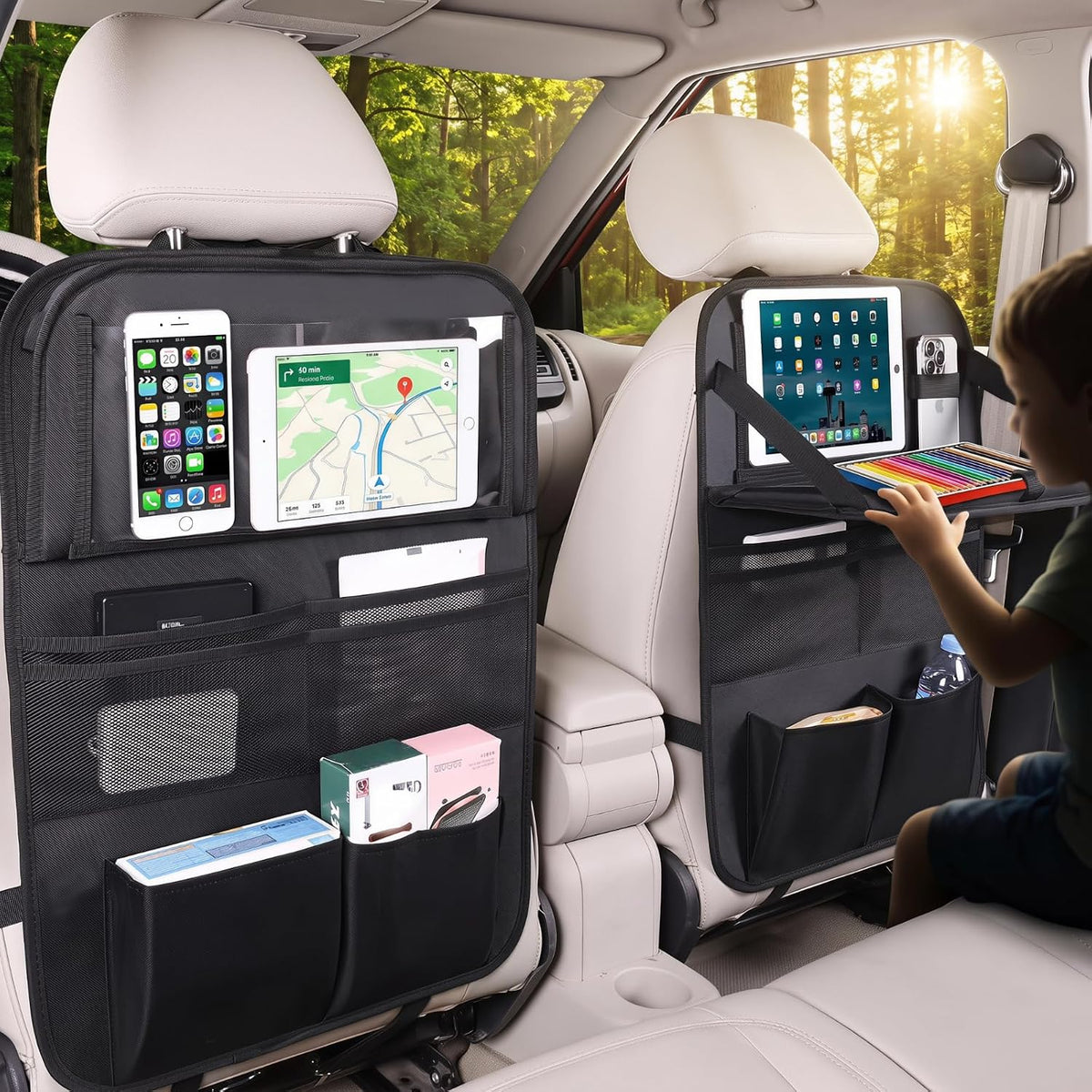 Car Backseat Organizer 1-Pack with Tablet & Storage Tray, Waterproof 600D Oxford Fabric Seat Back Protector, Kick Mats, Adjustable Straps Fit Most Vehicles, Road Trip Essentials for Kids